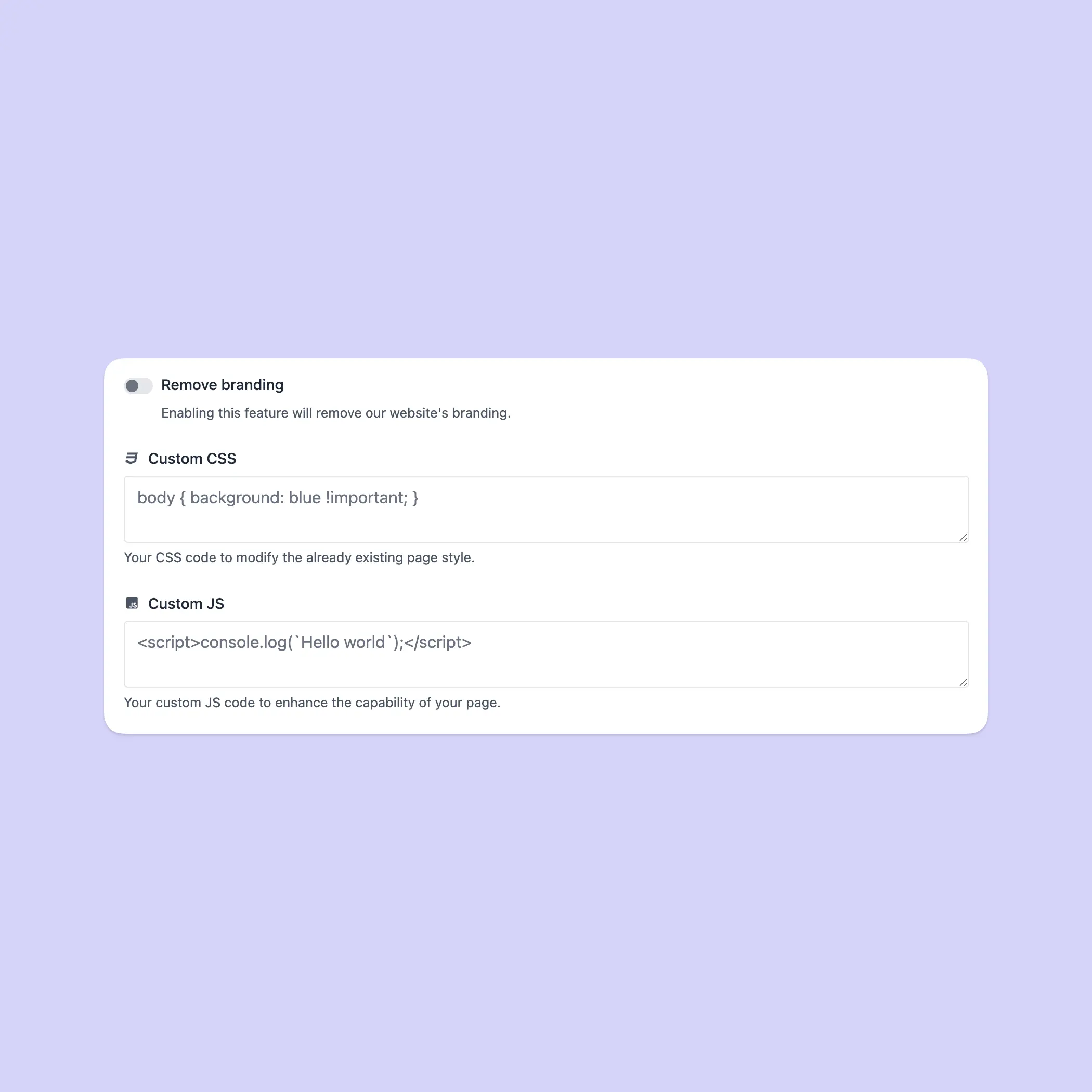 Captura de tela do recurso de marca personalizada do vcard do aplicativo