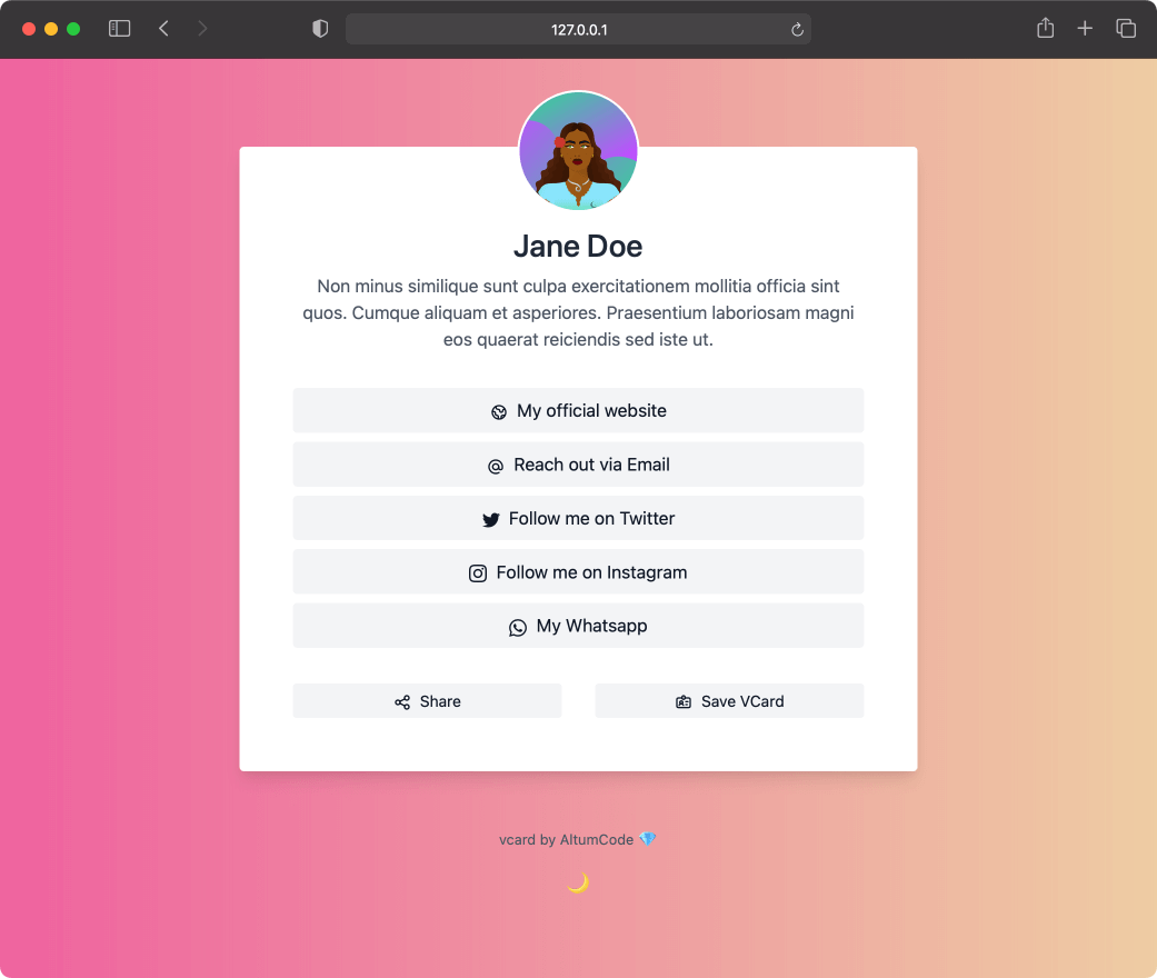 Captura de tela de exemplos de páginas de vcard