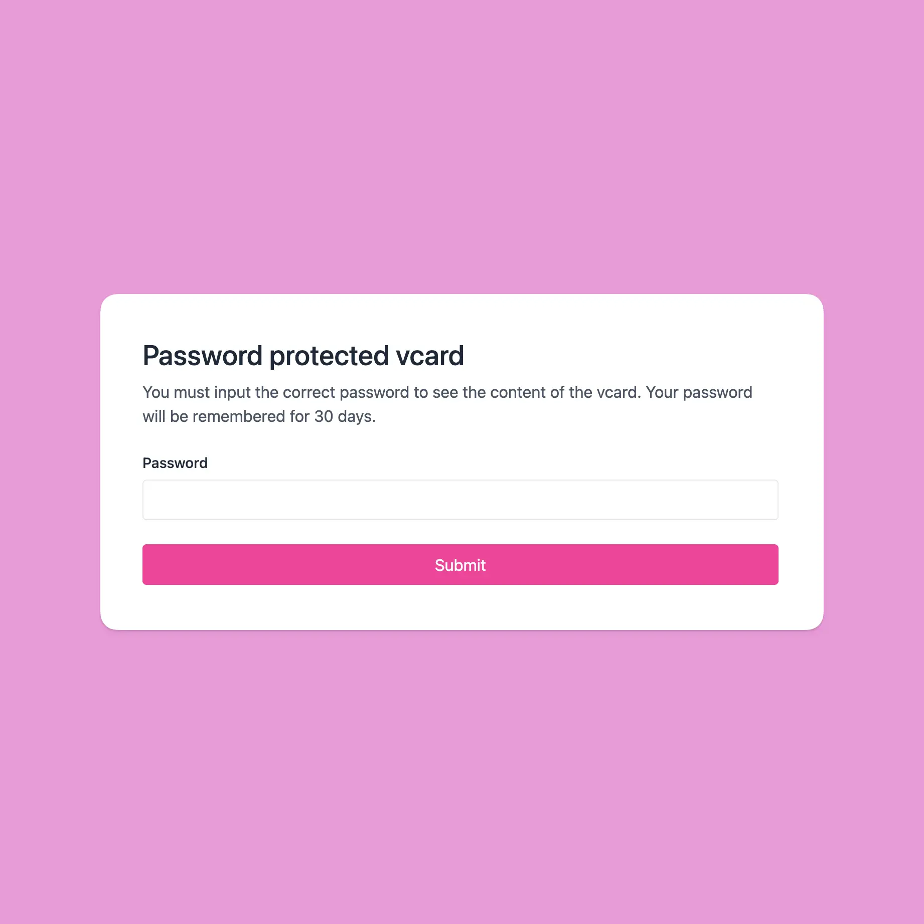 Captura de tela do exemplo de proteção por senha do vcard do aplicativo