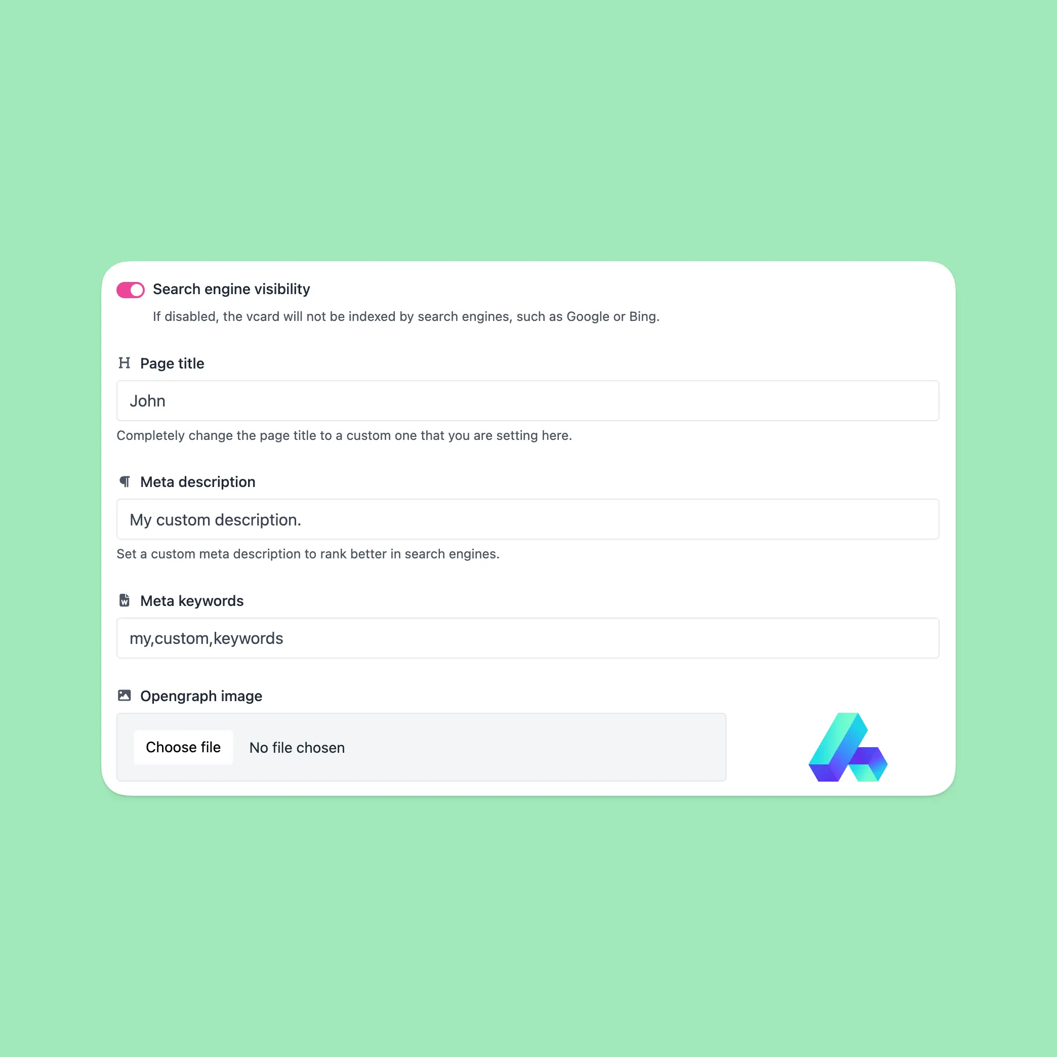 Captura de tela da página de configurações de SEO do vcard do aplicativo